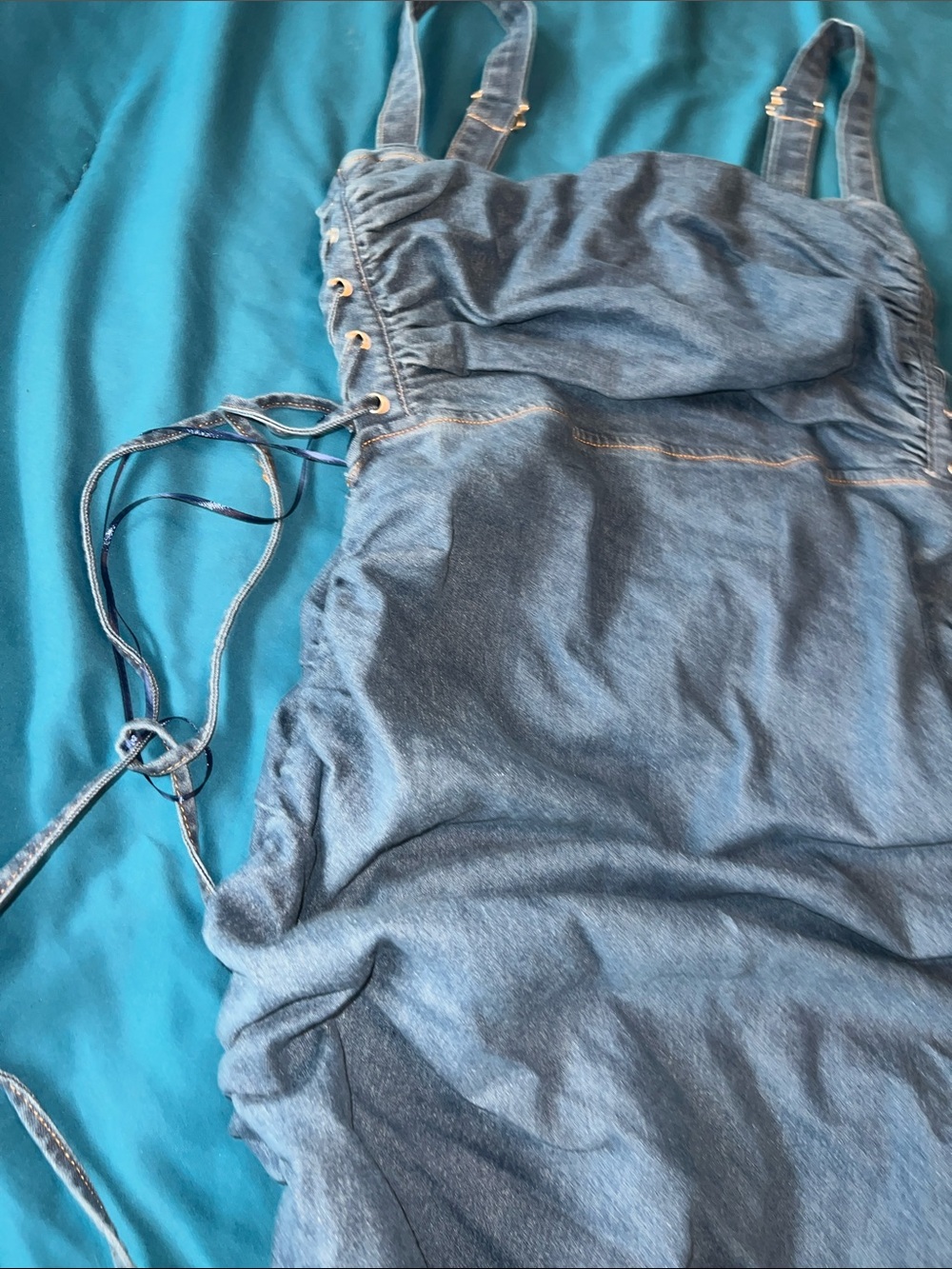 Women’s Large Dark Blue Denim Ruched Dress with Adjustable Straps - Picture 9 of 12